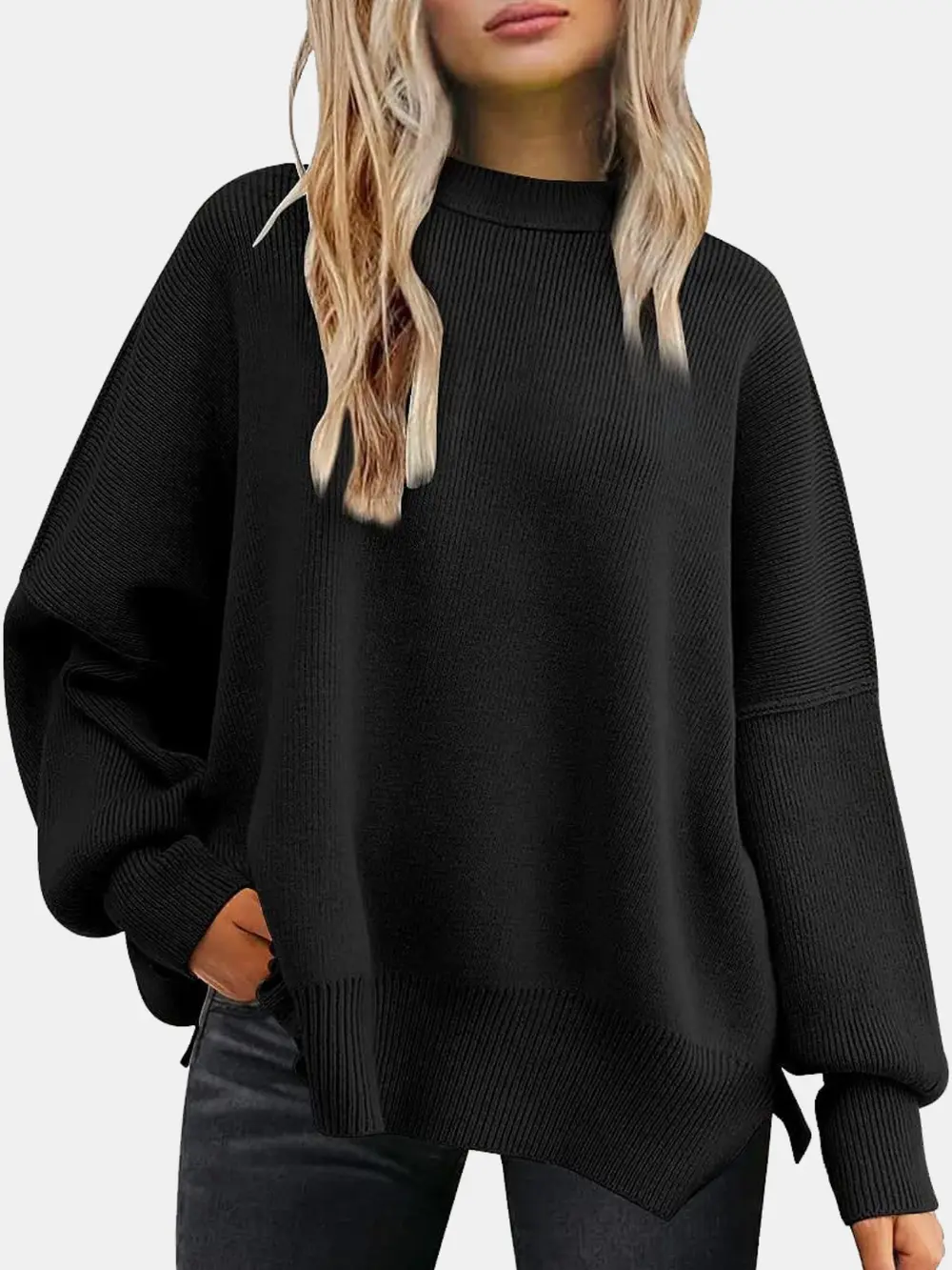 Round Neck Drop Shoulder Slit Sweater, image 11