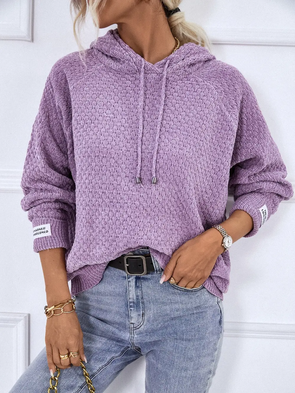 Texture Drawstring Long Sleeve Hooded Sweater, image 5