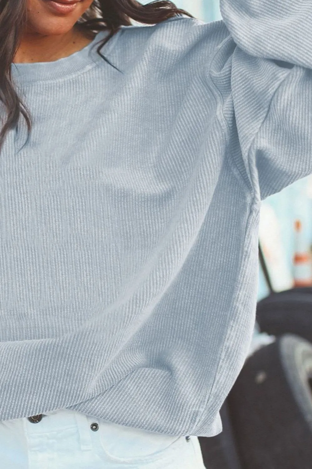 Ribbed Round Neck Drop Shoulder Sweatshirt, image 7