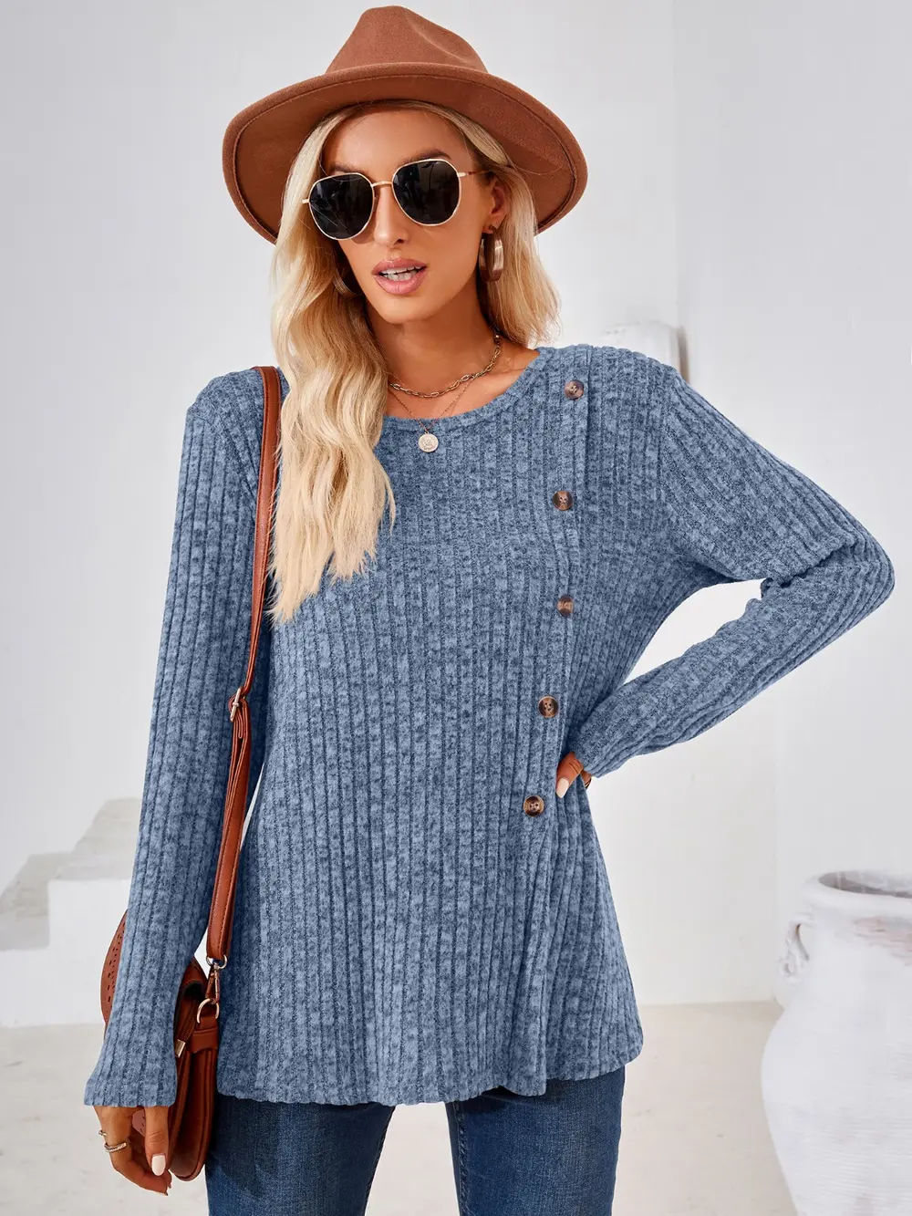 Ribbed Buttoned Round Neck Slit T-Shirt, image 8