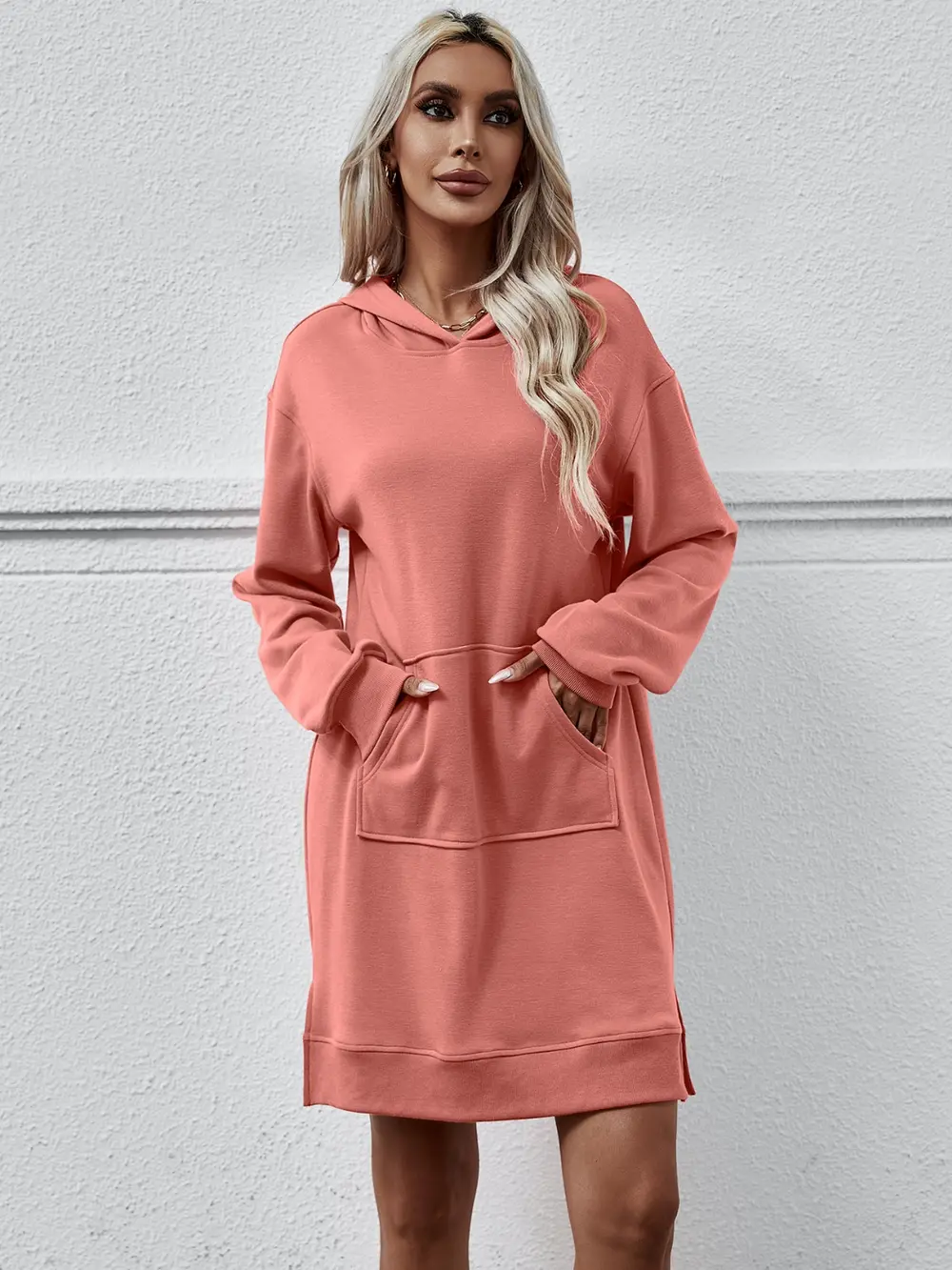 Slit Long Sleeve Hooded Dress with Pocket, image 3