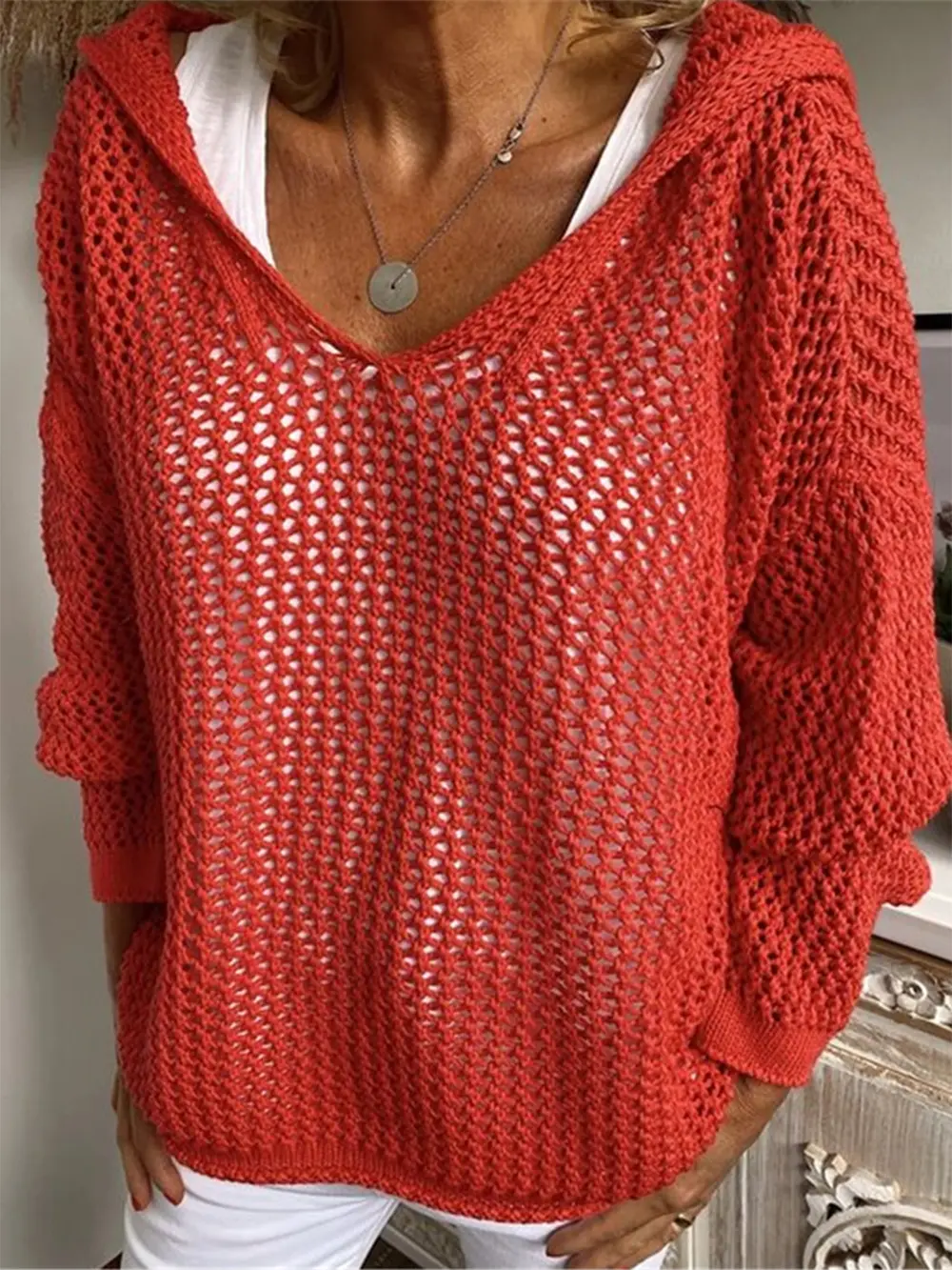Openwork Hooded Long Sleeve Sweater, image 11