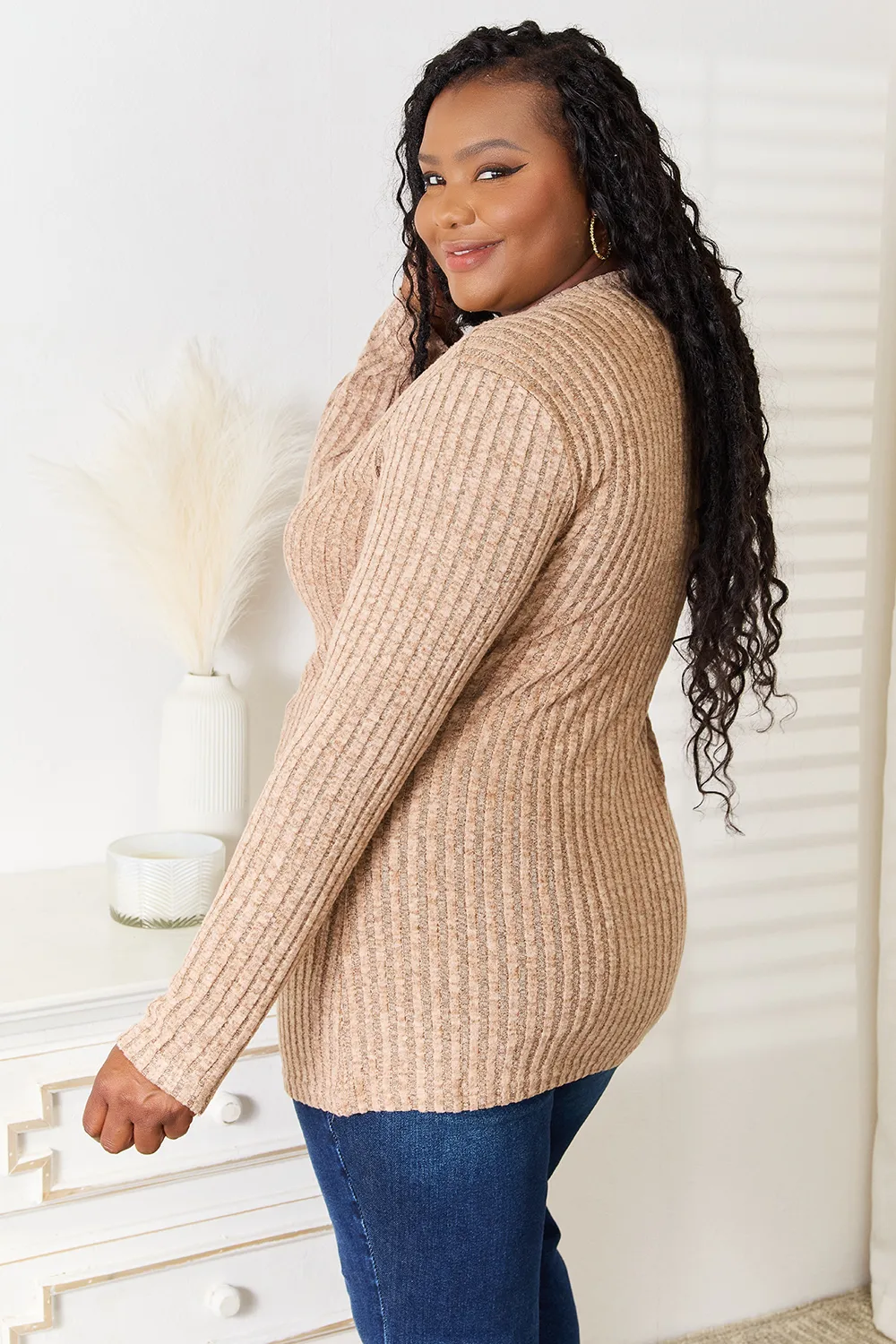 Notched Neck Ribbed Long Sleeve T-Shirt, image 10