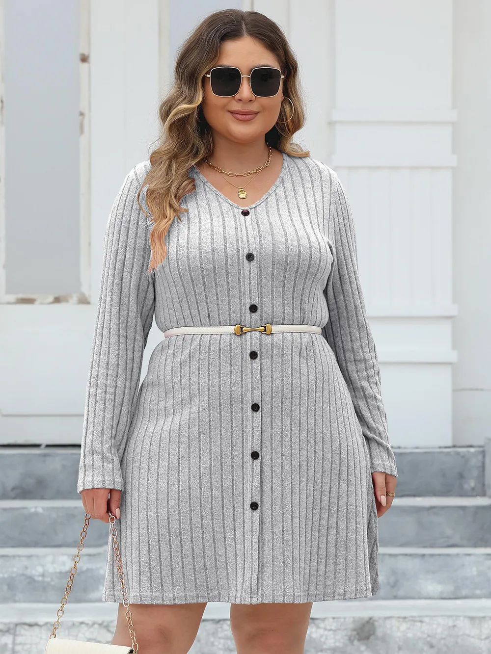 Plus Size Ribbed Buttoned V-Neck Long Sleeve Dress, image 12