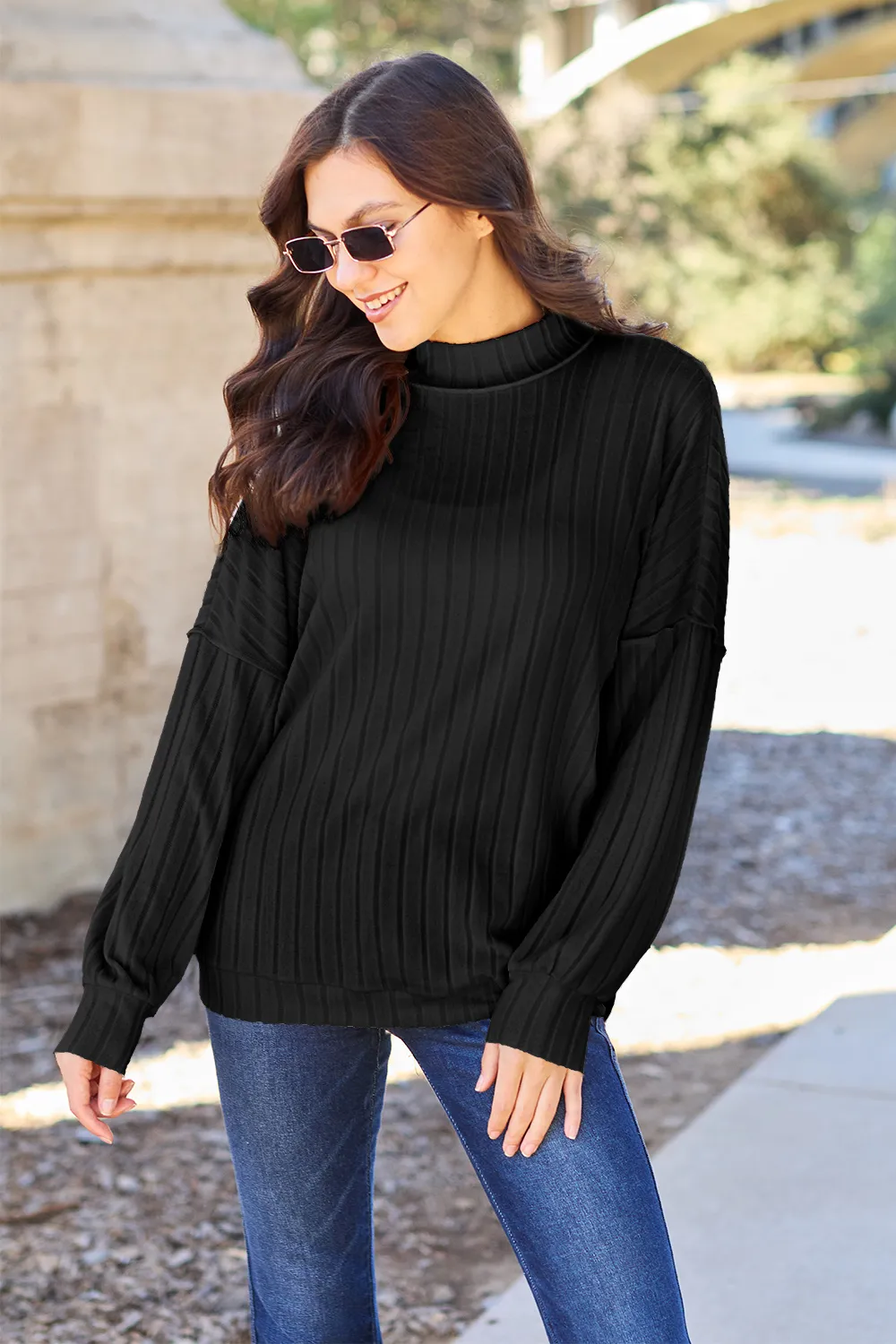 Full Size Ribbed Exposed Seam Mock Neck Knit Top, image 4