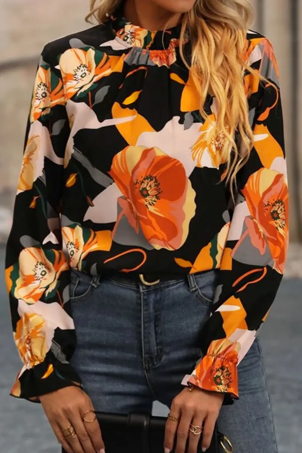 Floral Mock Neck Flounce Sleeve Blouse, image 2