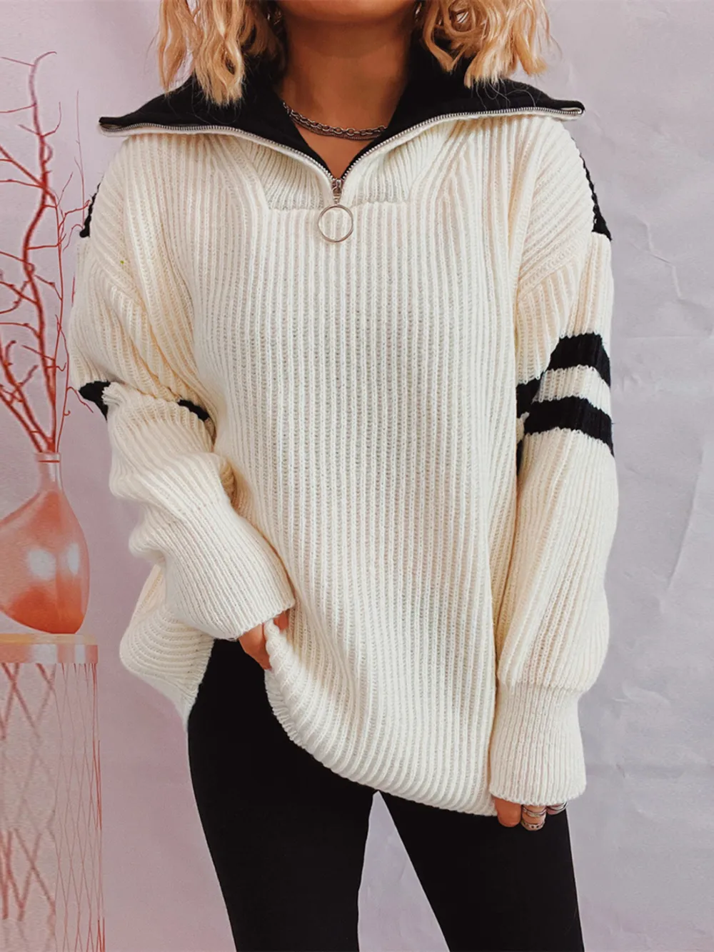 Ribbed Two-Tone Half Zip Sweater, image 7