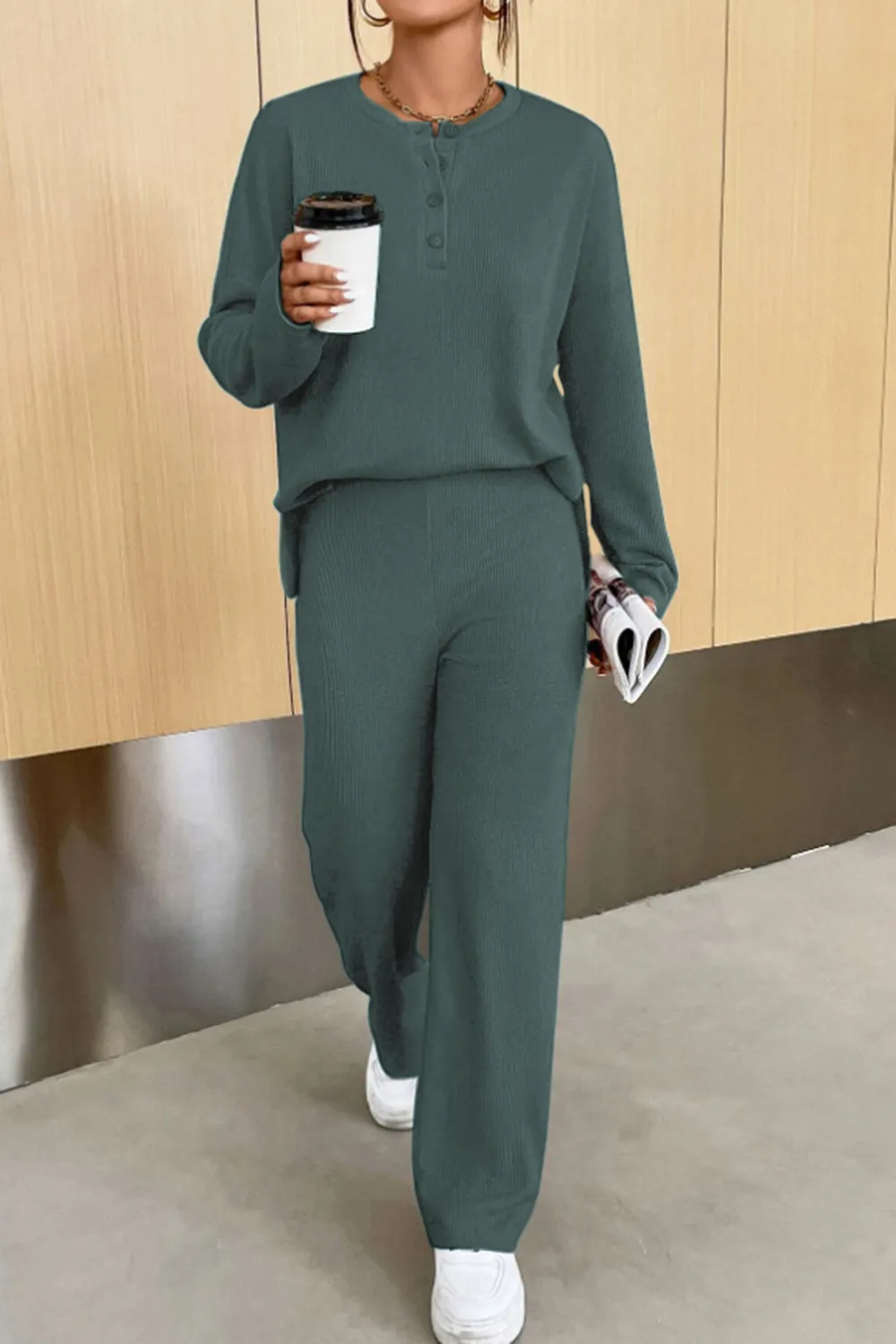 Ribbed Half Button Top and Pants Set, image 16