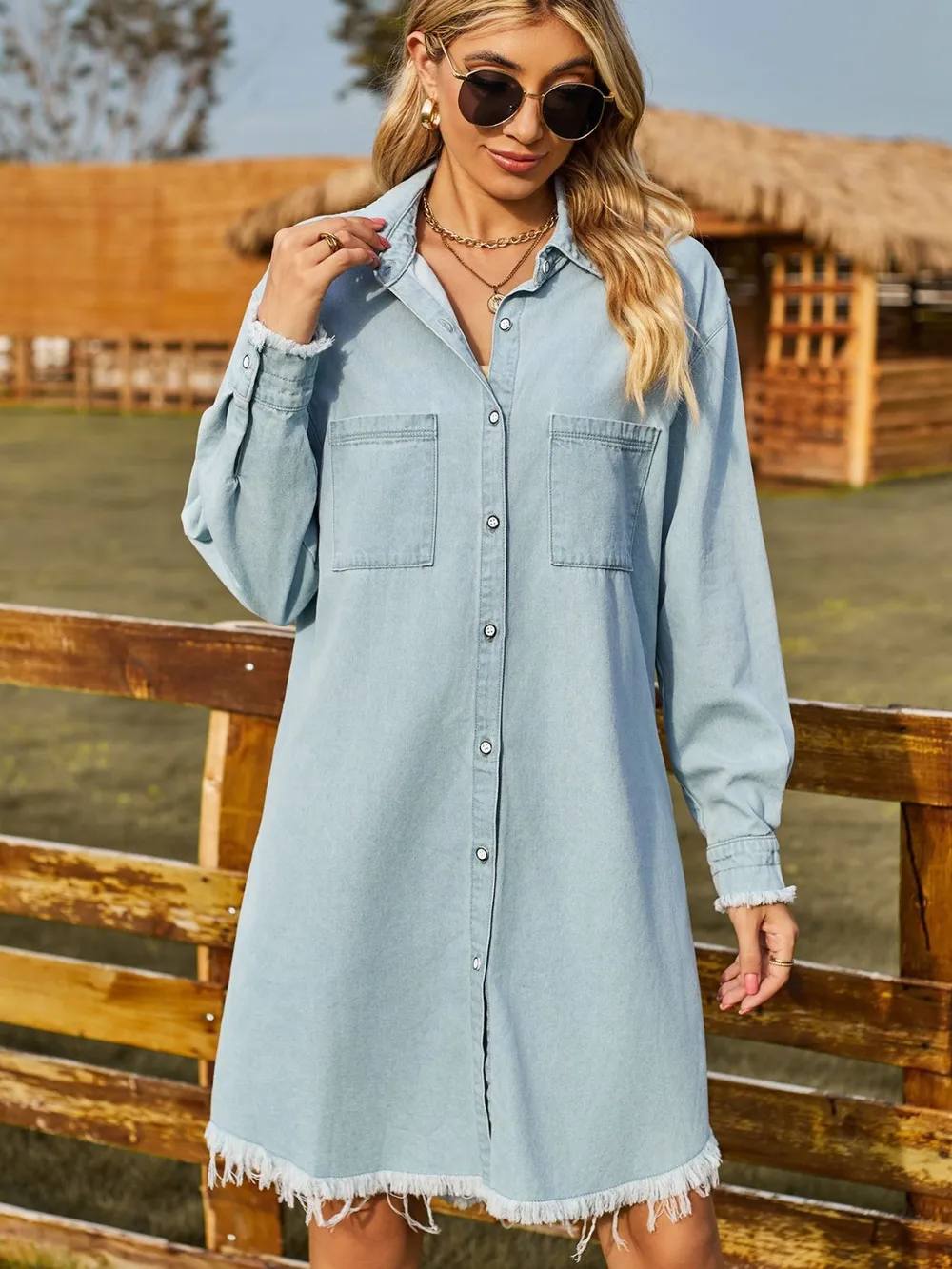 Button Up Collared Neck Raw Hem Denim Dress, image 2