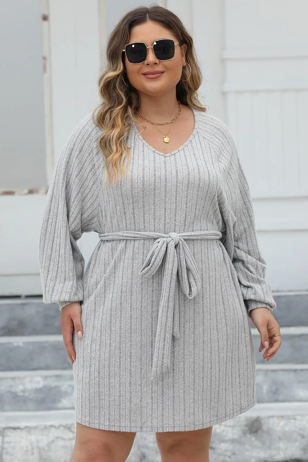 Plus Size Ribbed Tie Front Long Sleeve Sweater Dress, image 10