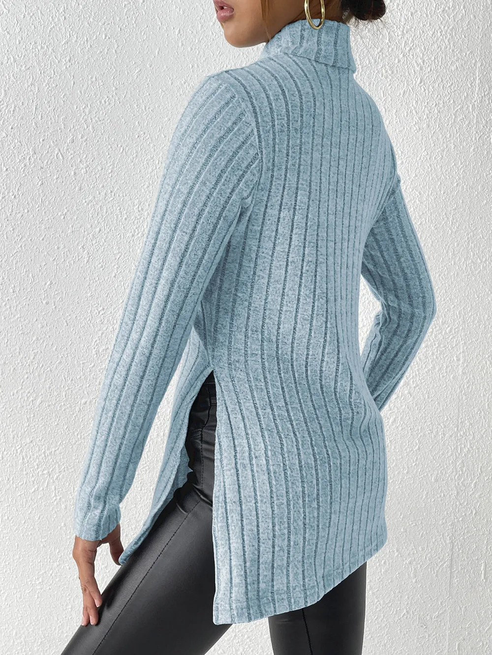 Ribbed Turtleneck Long Sleeve Slit T-Shirt, image 13