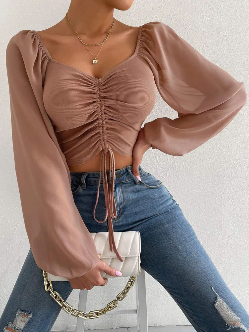 Drawstring Sweetheart Neck Cropped Top, image 7