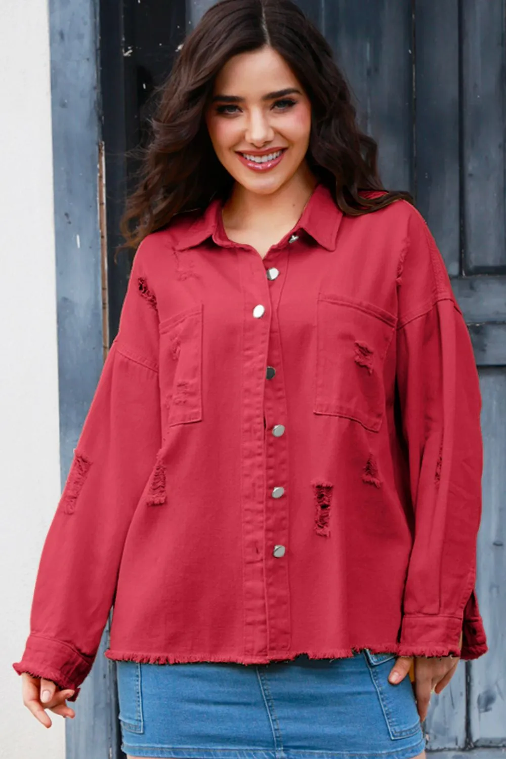 Distressed Button Up Raw Hem Denim Jacket, image 2
