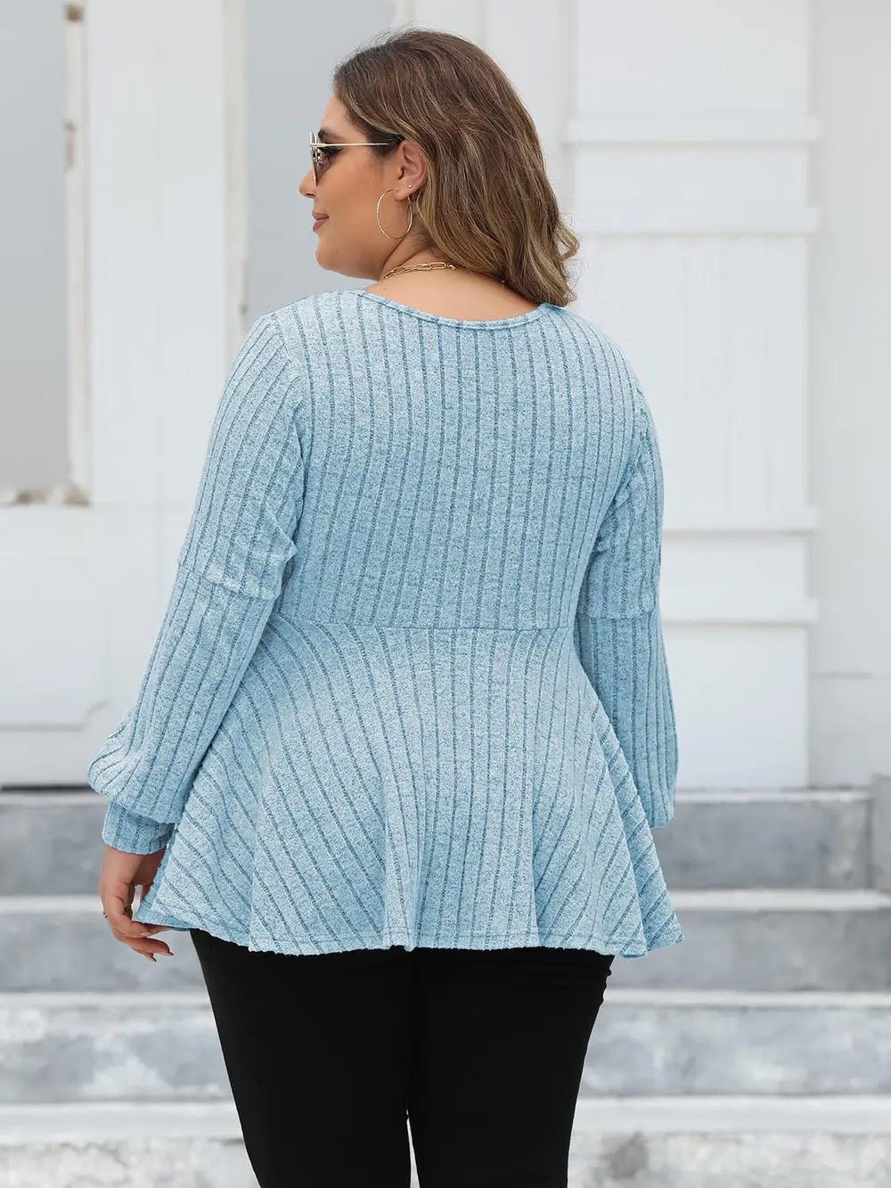 Plus Size Ribbed V-Neck Long Sleeve Blouse, image 3