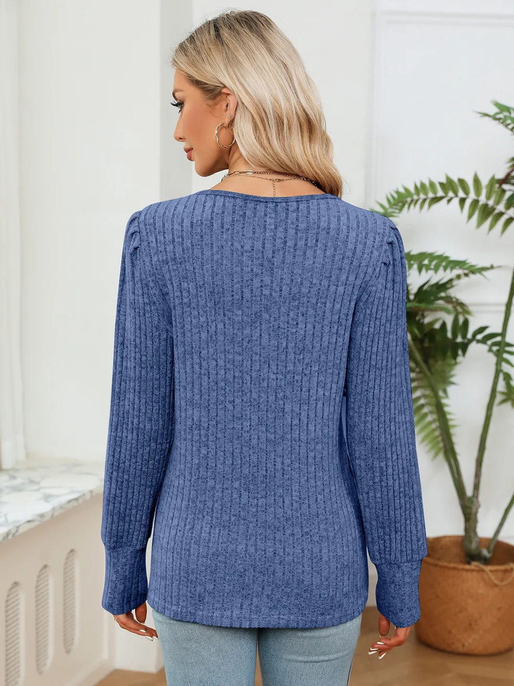 Lace Detail V-Neck Ribbed Blouse, image 15