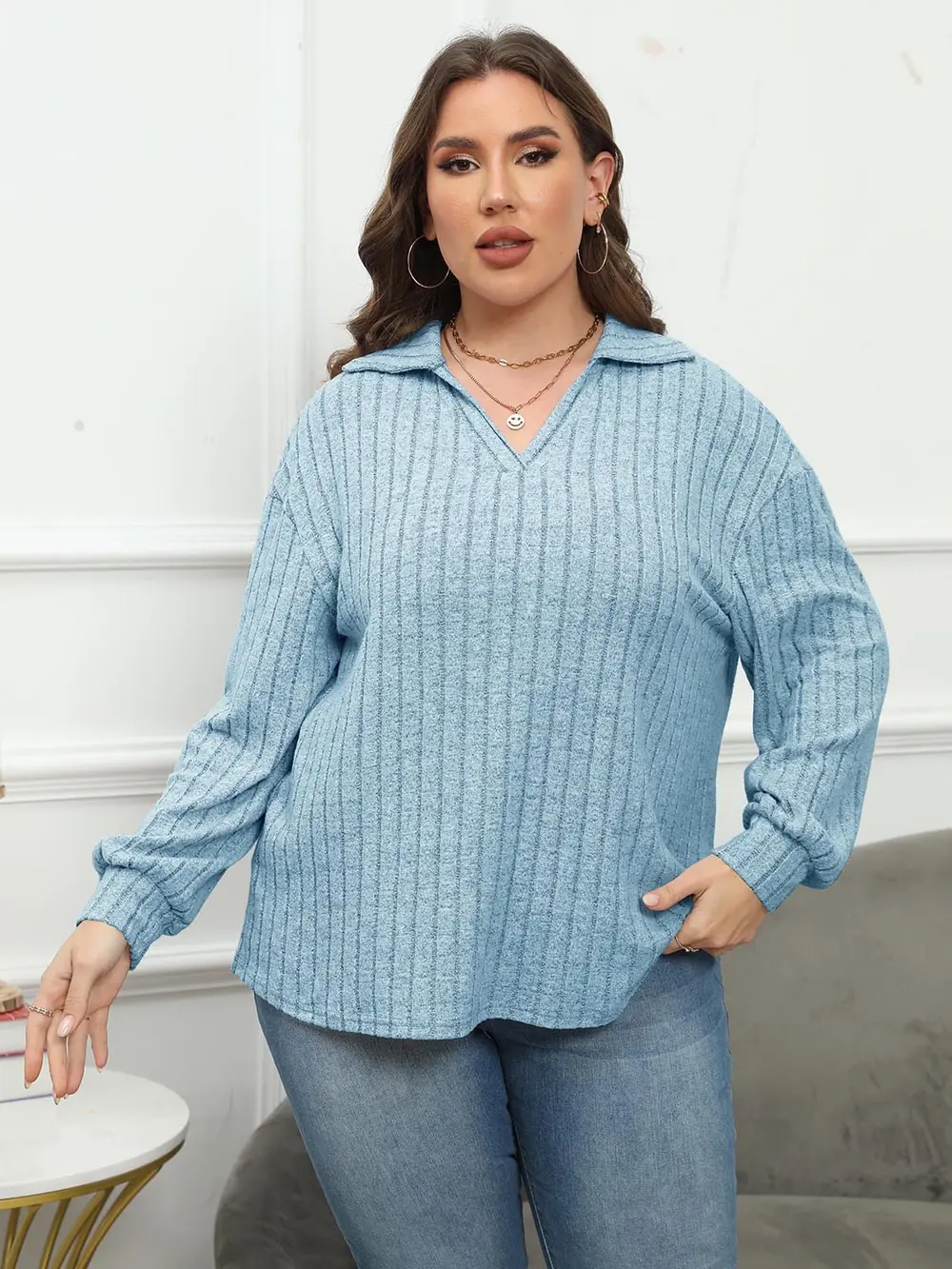 Plus Size Ribbed Collared Neck Long Sleeve Blouse, image 11