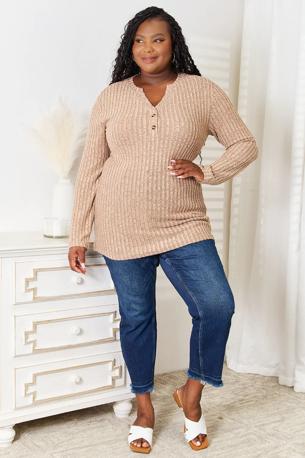 Notched Neck Ribbed Long Sleeve T-Shirt, image 11