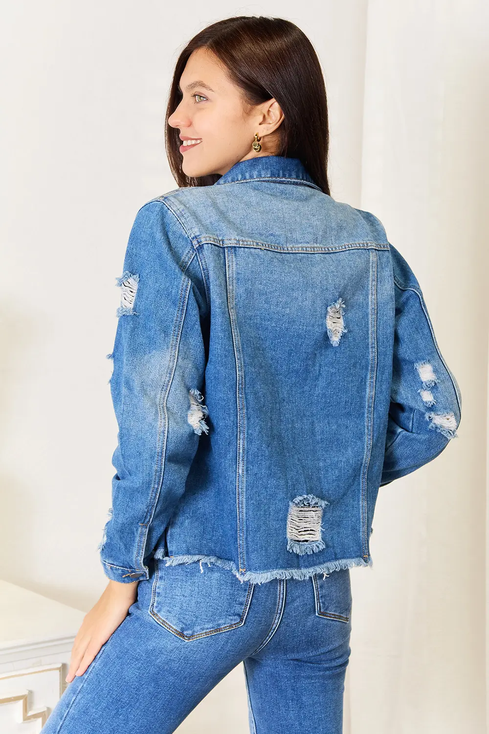 Leopard Floral Distressed Raw Hem Denim Jacket, image 3