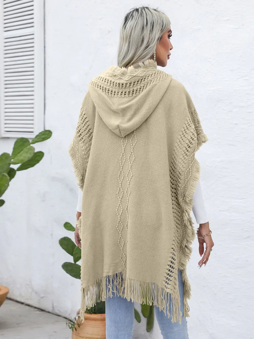 Fringe Trim Buttoned Hooded Poncho, image 20