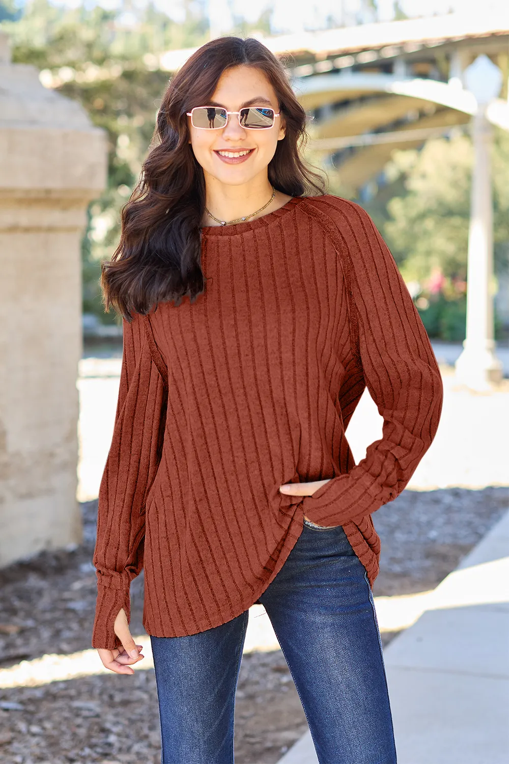 Full Size Ribbed Round Neck Long Sleeve Knit Top, image 7