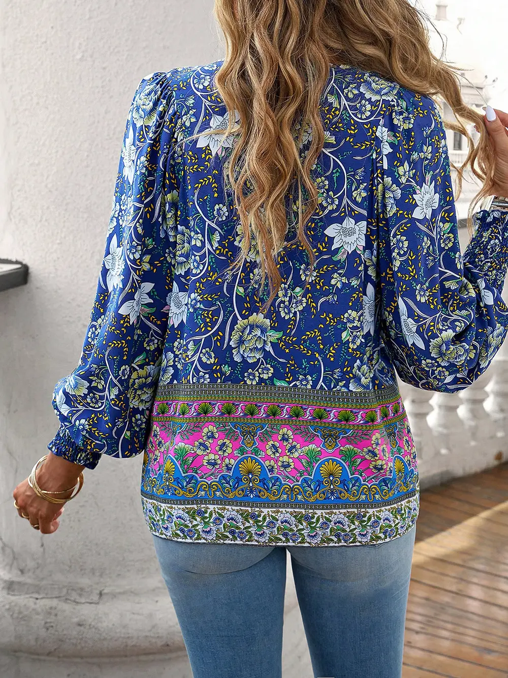 Bohemian Tie Neck Lantern Sleeve Blouse, image 3