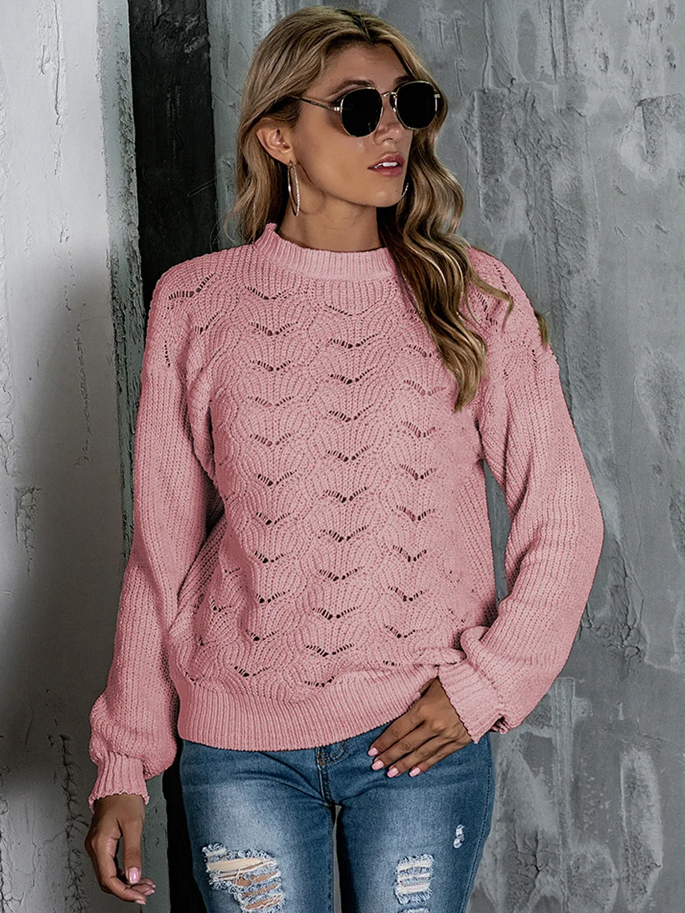 Openwork Mock Neck Long Sleeve Sweater, image 9
