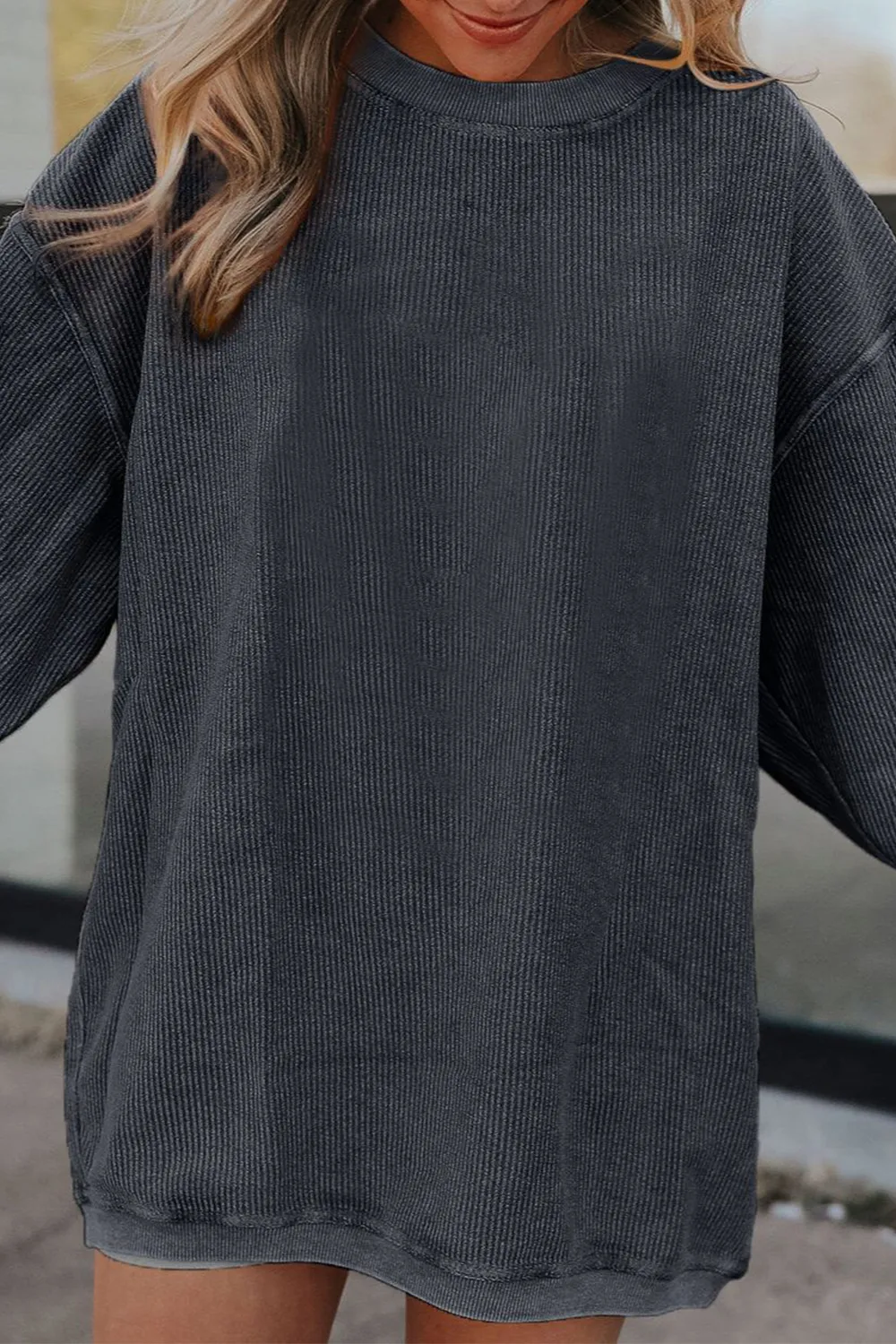 Ribbed Round Neck Drop Shoulder Sweatshirt, image 8