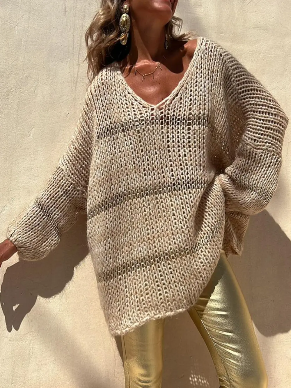 Openwork V-Neck Long Sleeve Sweater, image 2