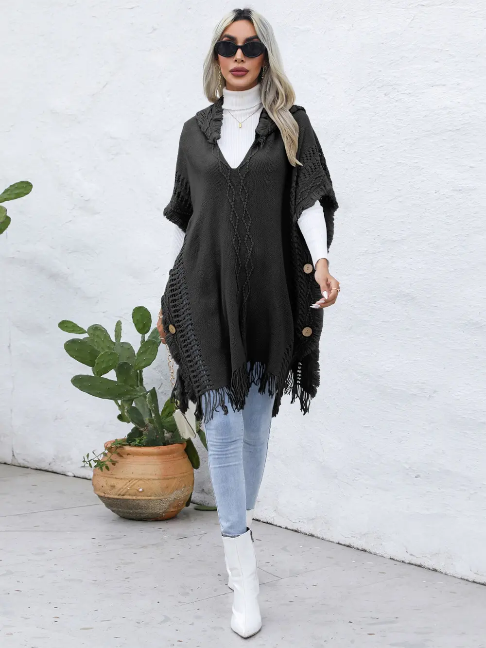 Fringe Trim Buttoned Hooded Poncho, image 10