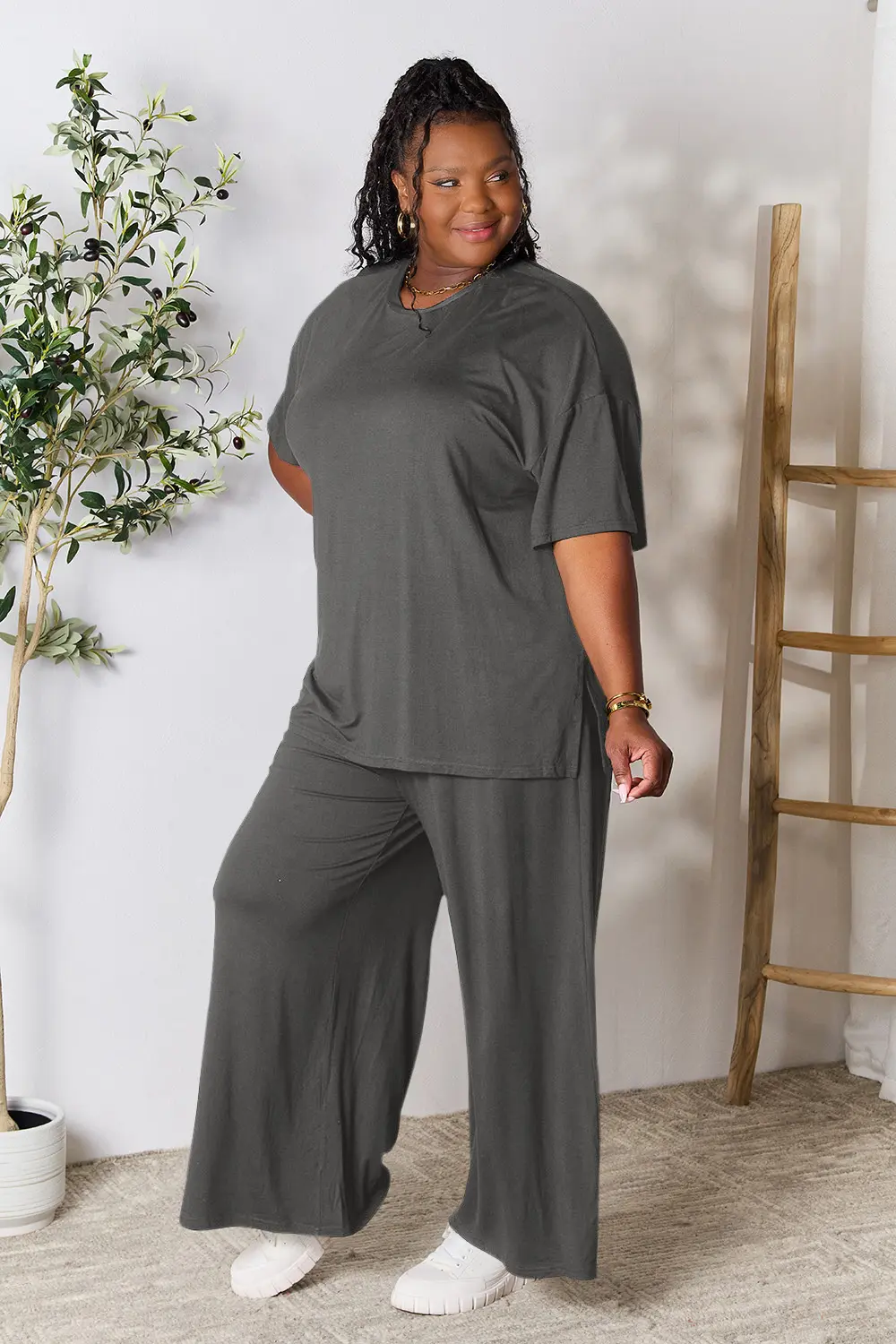 Full Size Round Neck Slit Top and Pants Set, image 6