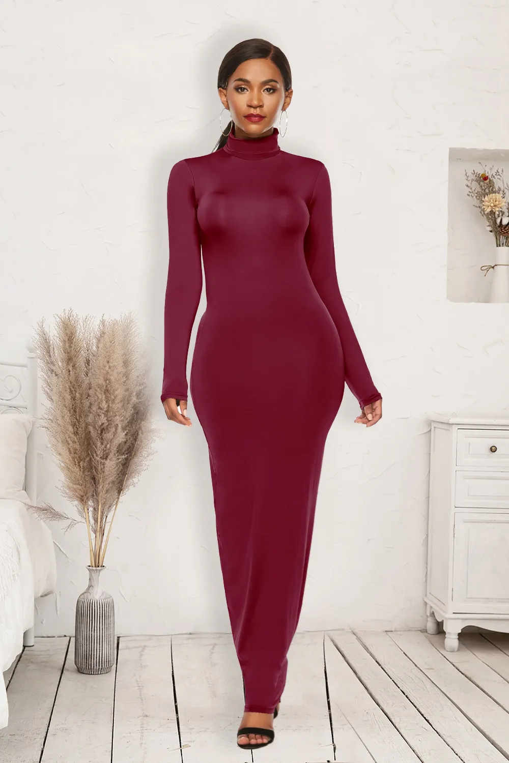 Mock Neck Long Sleeve Maxi Slim Dress, image 5