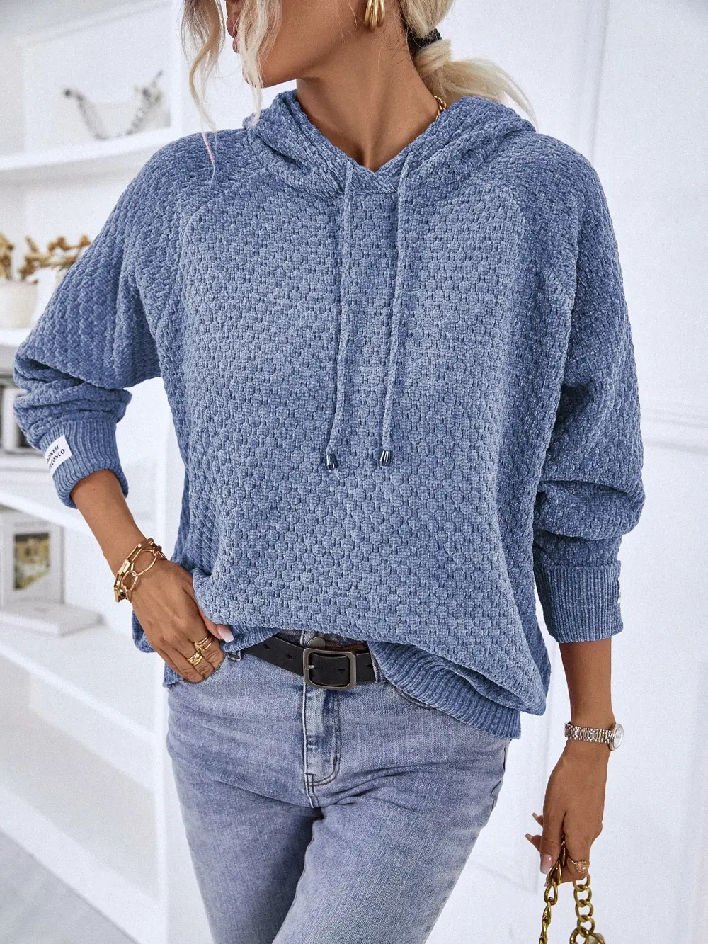 Texture Drawstring Long Sleeve Hooded Sweater, image 6