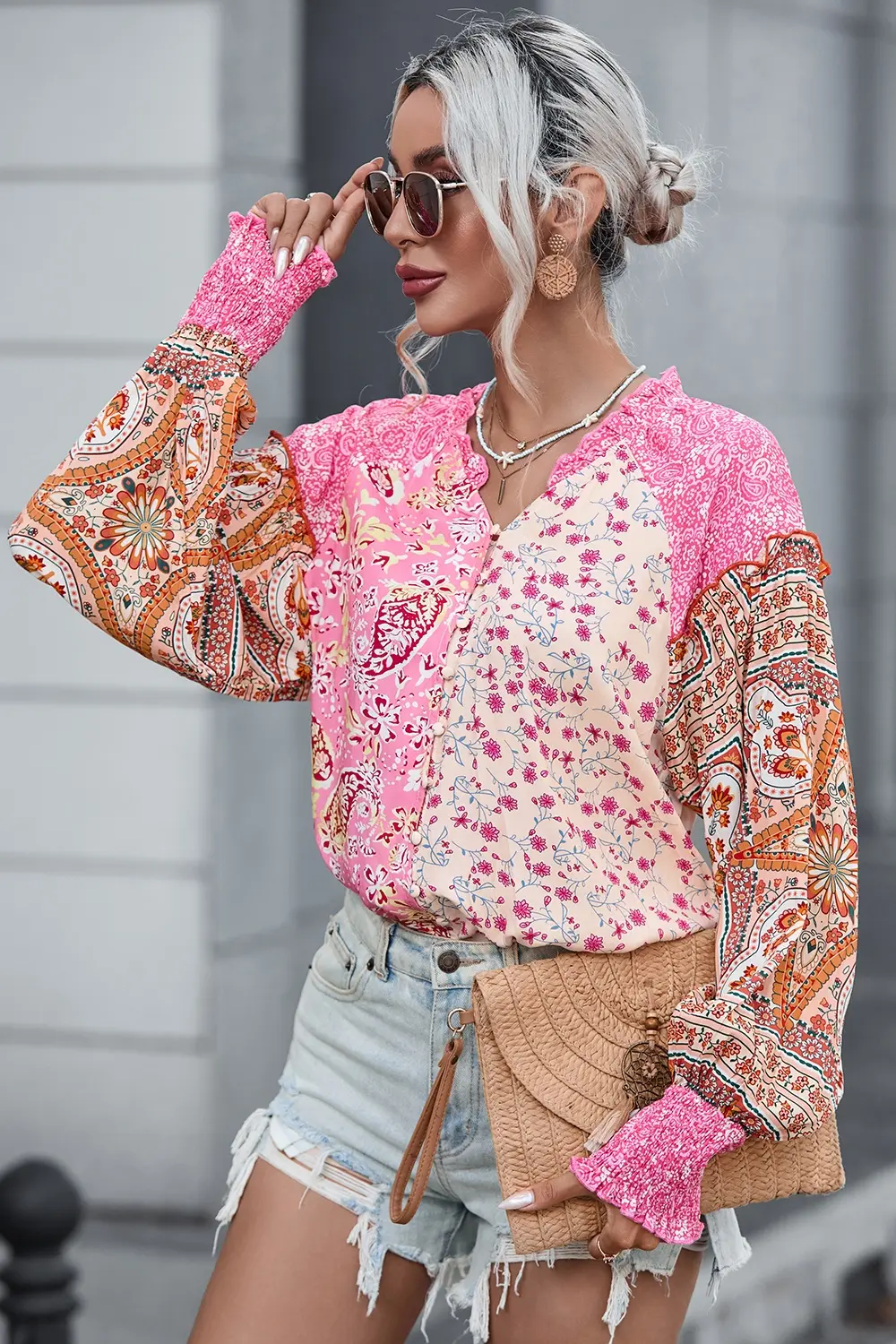 Floral Printed Puff Sleeve V-Neck Shirt, image 2