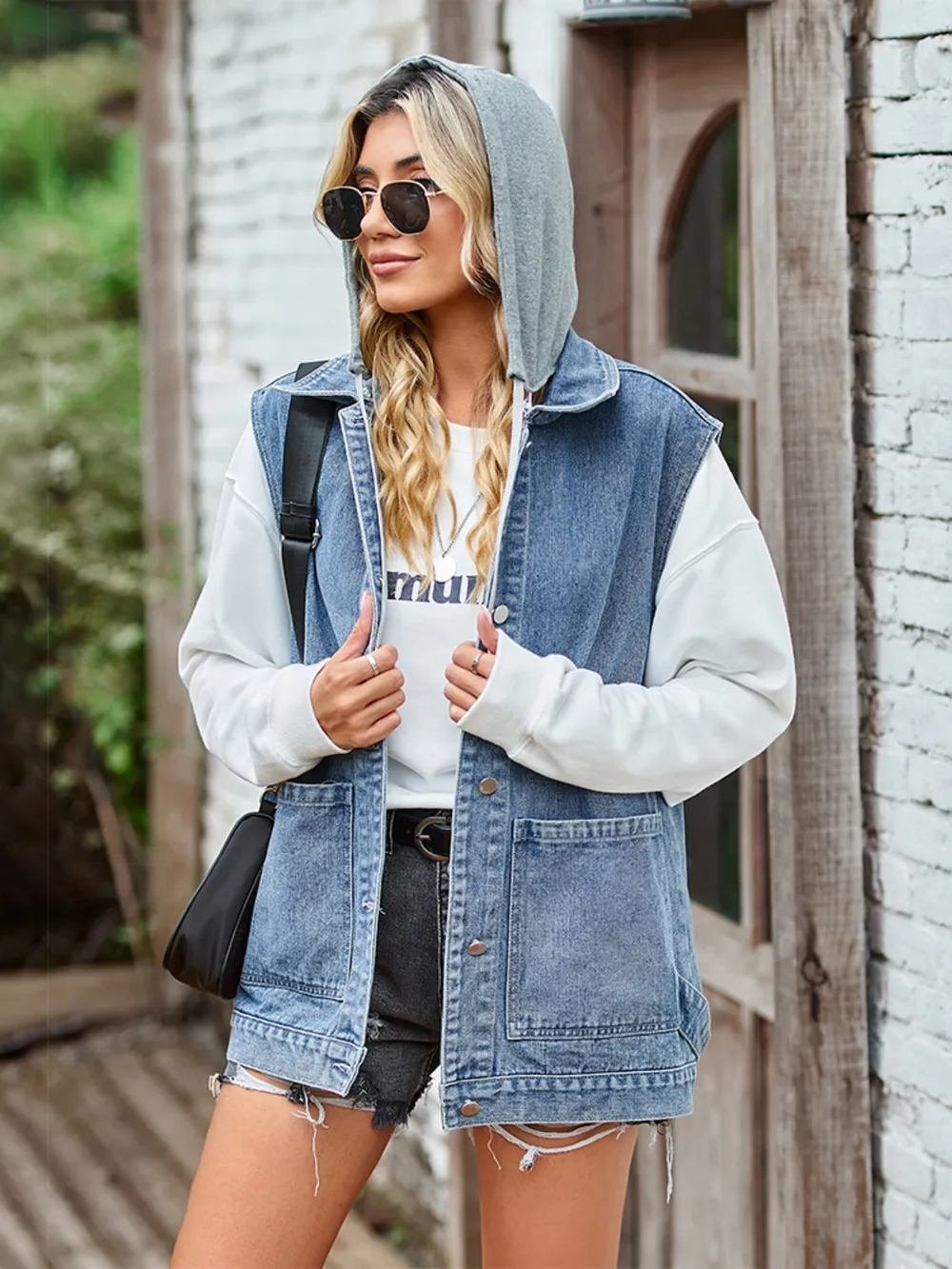 Button Up Sleeveless Denim Jacket with Pockets, image 2