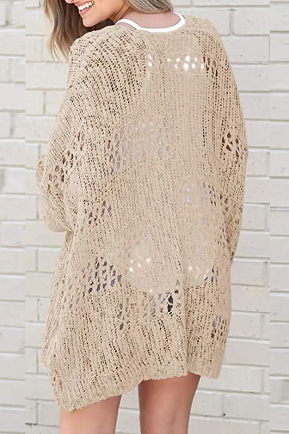 Openwork Open Front Long Sleeve Cardigan, image 6