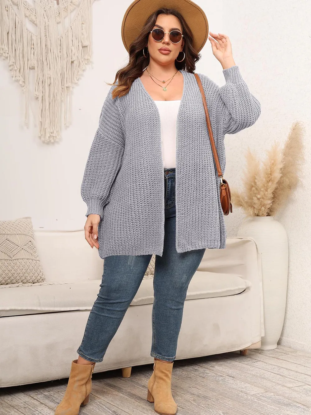 Plus Size Open Front Dropped Shoulder Knit Cardigan, image 6