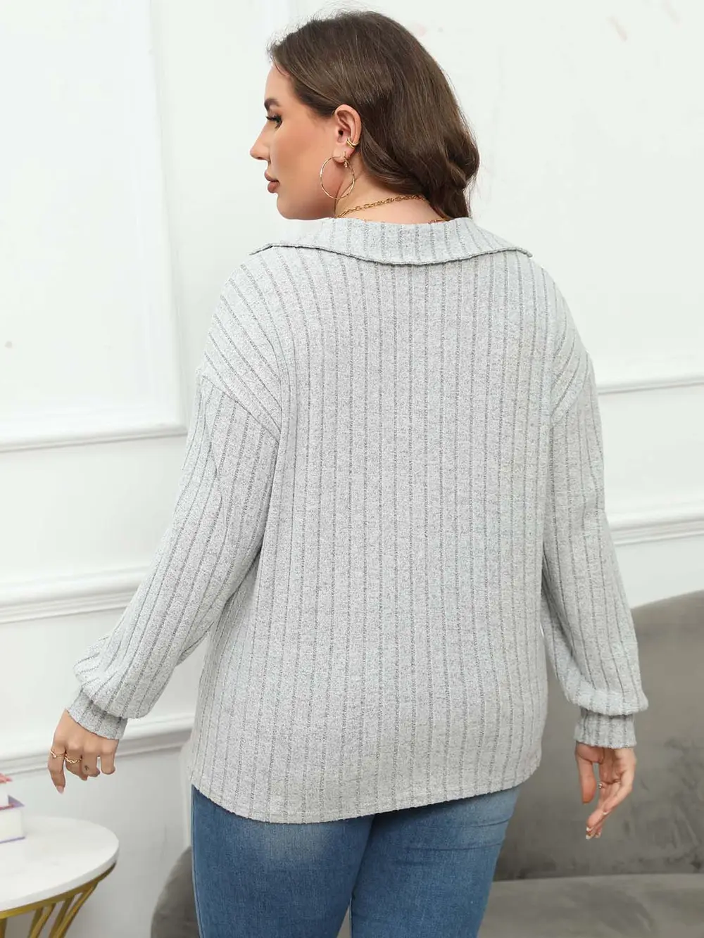 Plus Size Ribbed Collared Neck Long Sleeve Blouse, image 16