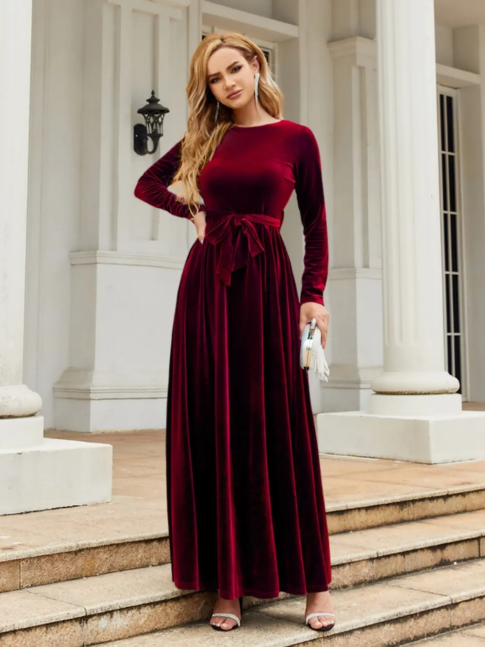 Tie Front Round Neck Long Sleeve Maxi Dress, image 6