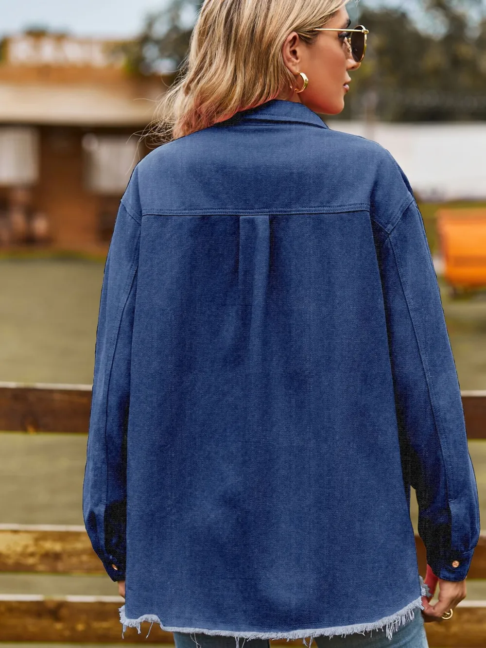 Button Up Collared Neck Raw Hem Denim Top, image 6