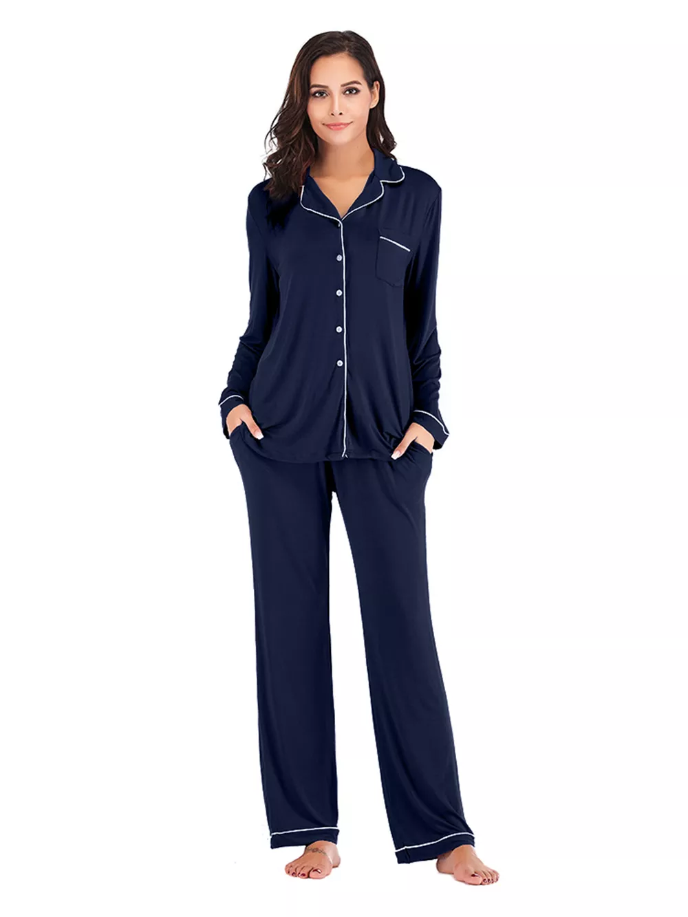Collared Neck Long Sleeve Loungewear Set with Pockets, image 4