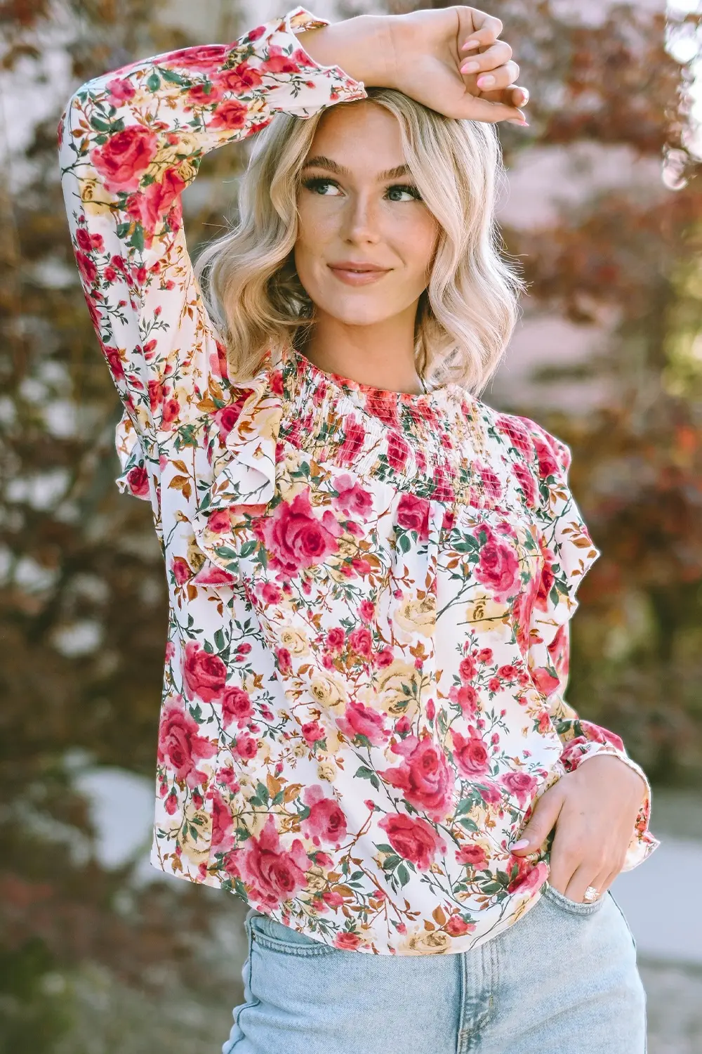 Floral Round Neck Smocked Blouse, image 3