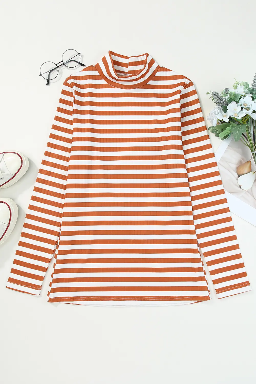 Striped Mock Neck Long Sleeve Top, image 4