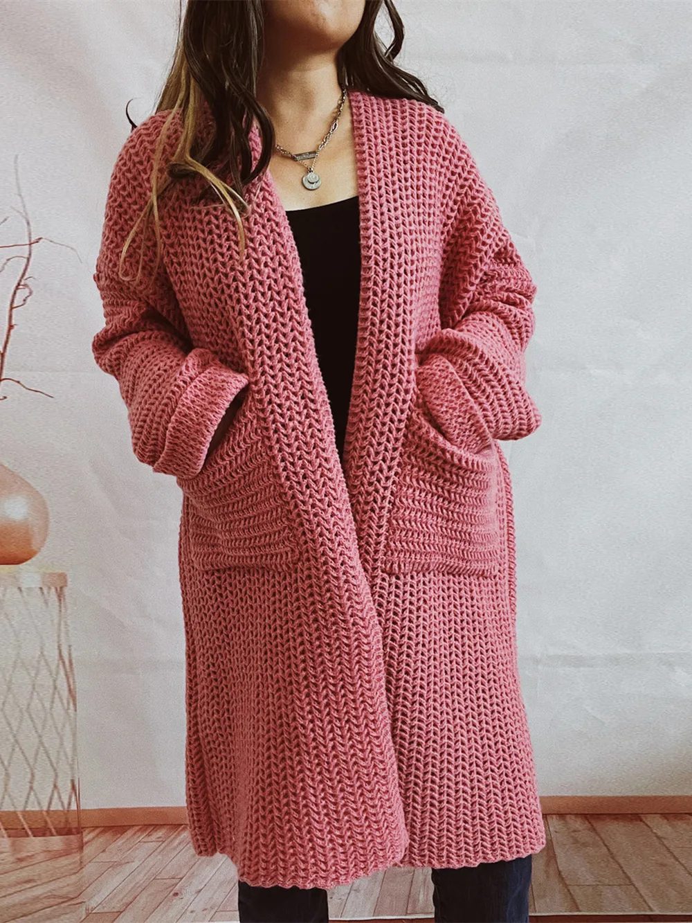 Open Front Long Sleeve Cardigan with Pockets, image 5