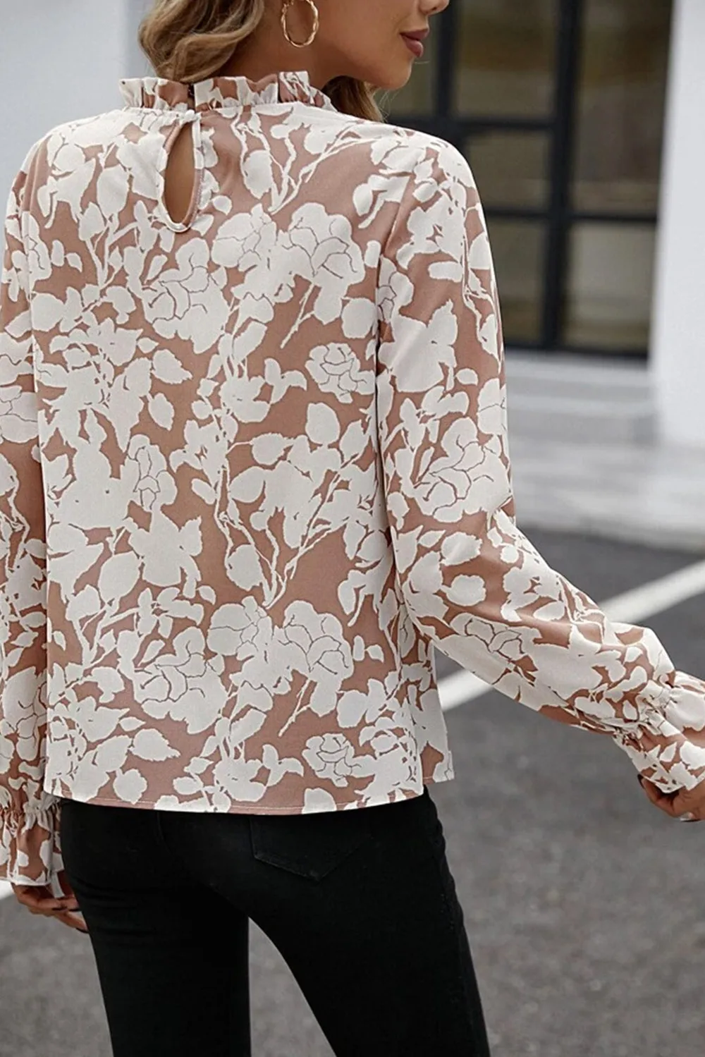 Floral Print Mock Neck Flounce Sleeve Blouse, image 2