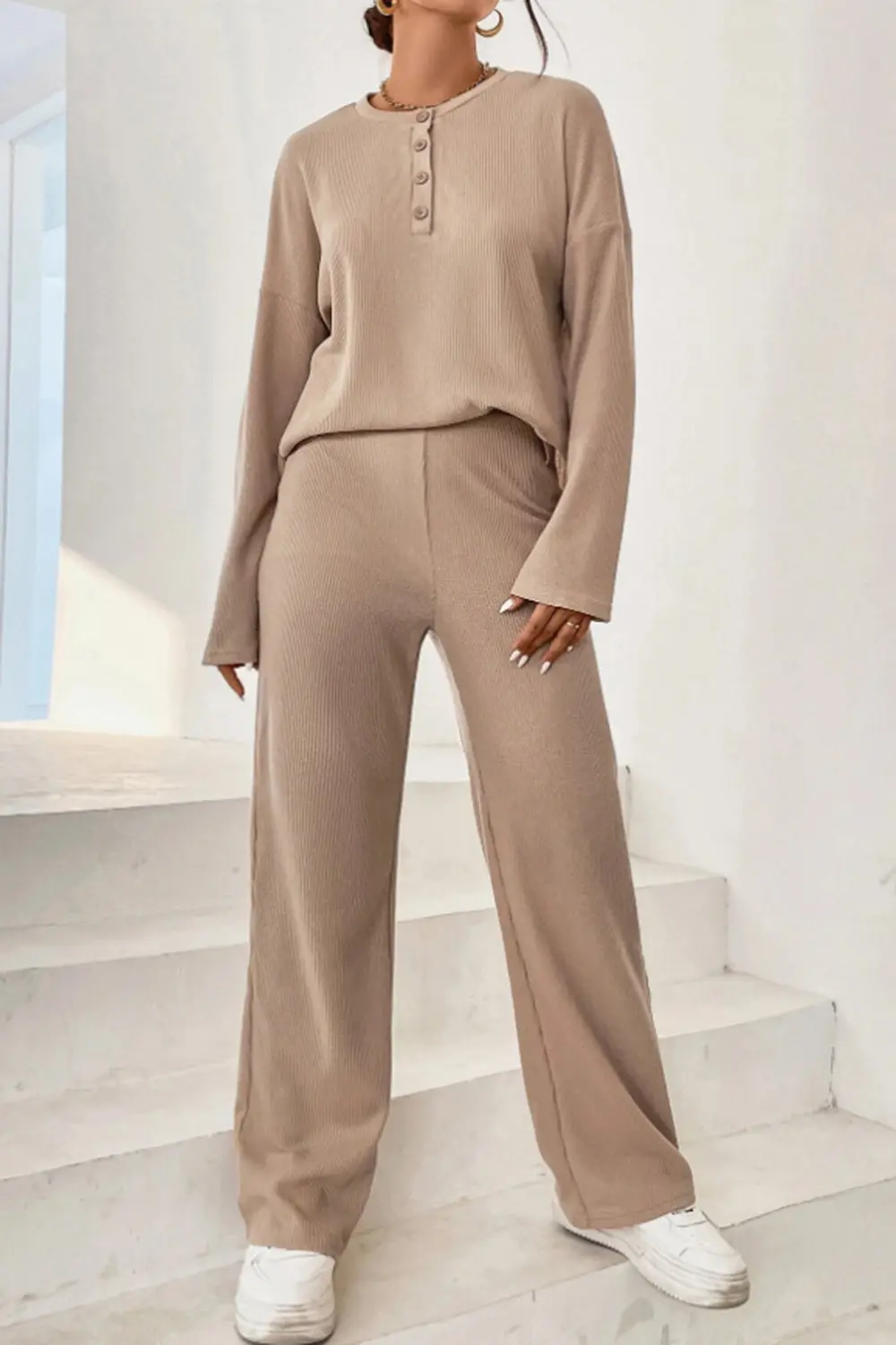 Ribbed Half Button Top and Pants Set, image 7