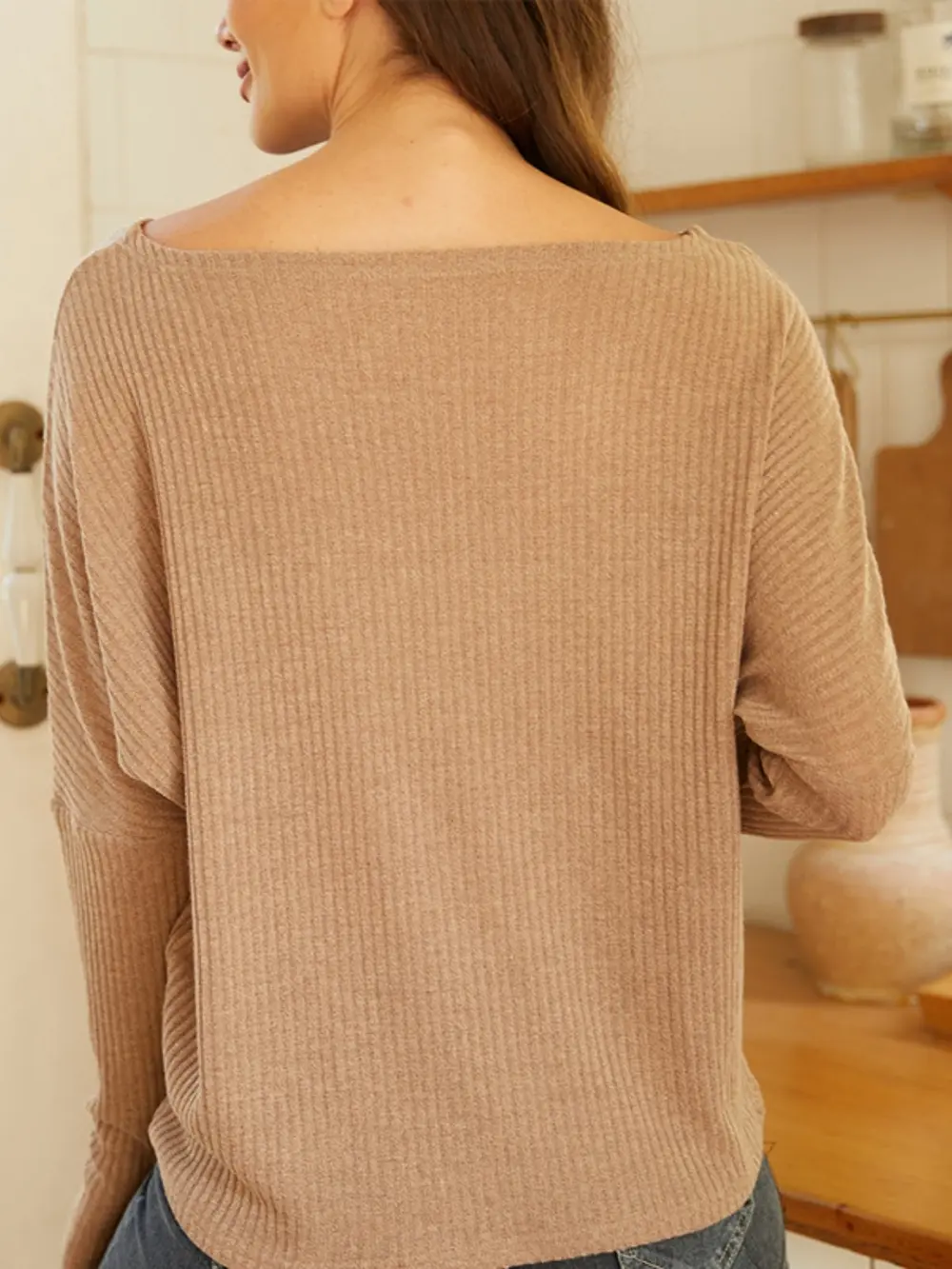 Ribbed Round Neck Long Sleeve Knit Top, image 2
