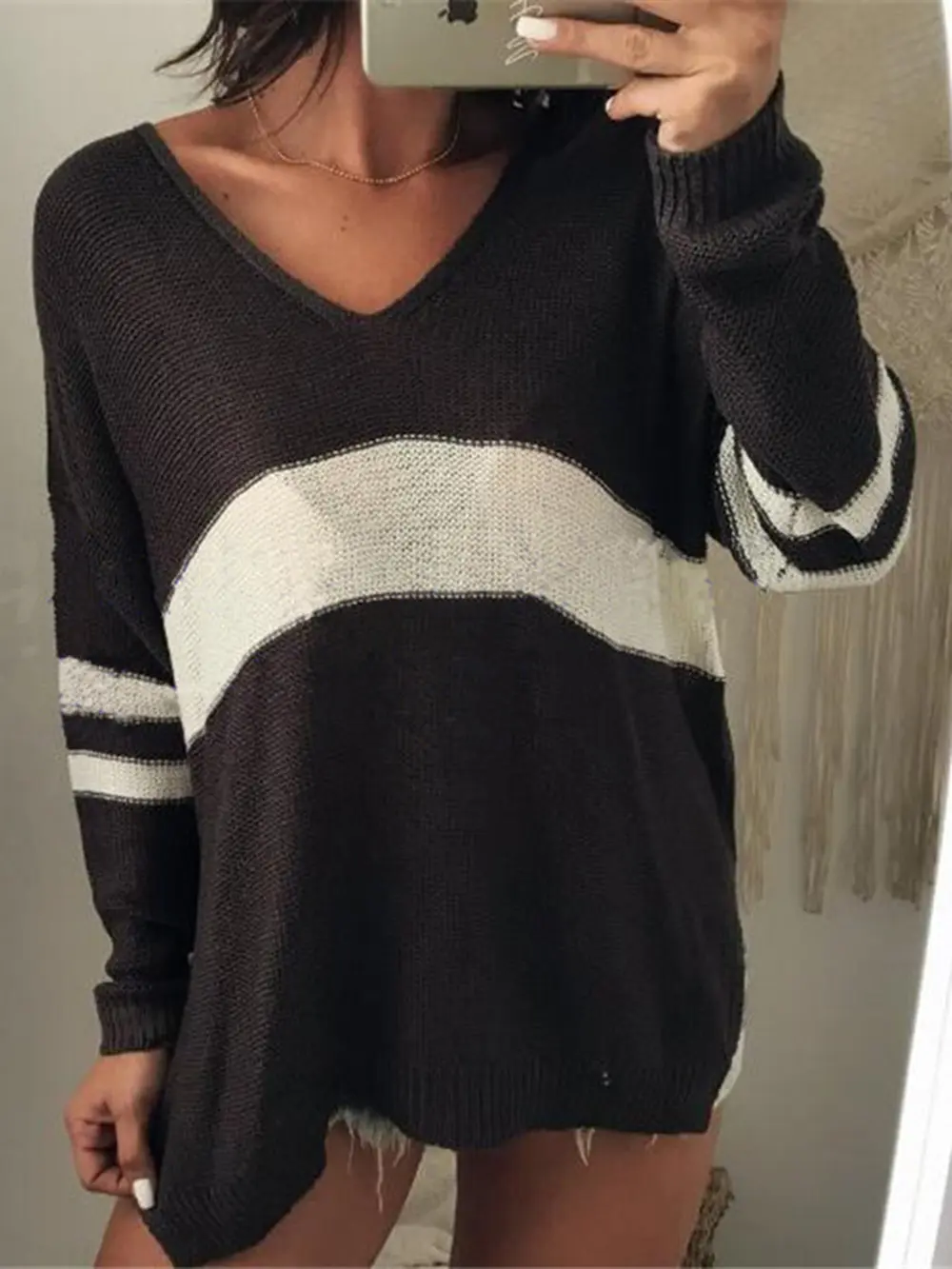Striped V-Neck Long Sleeve Sweater, image 2