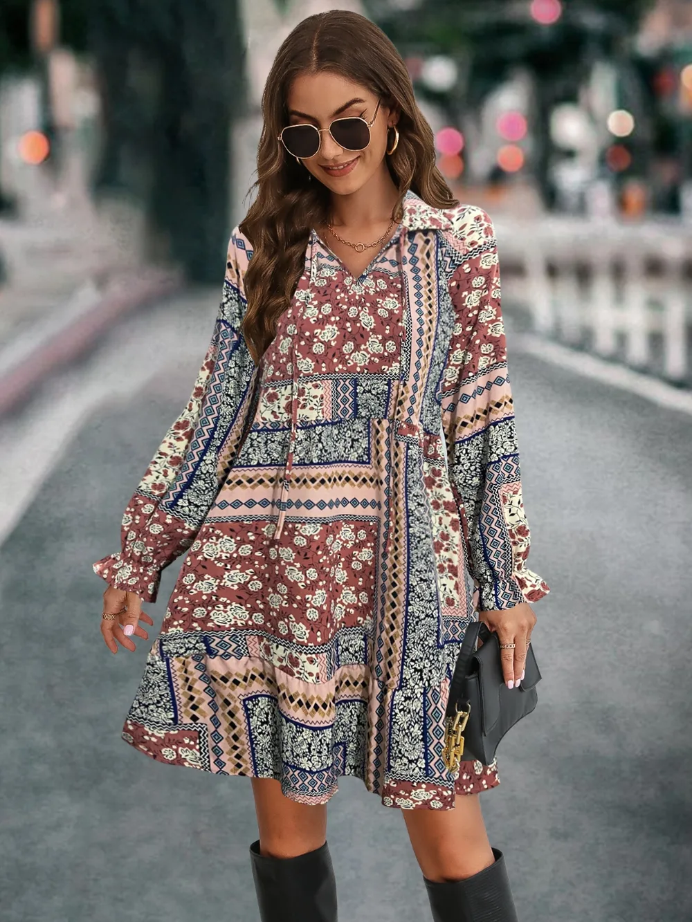 Printed Tie Front Flounce Sleeve Dress, image 3