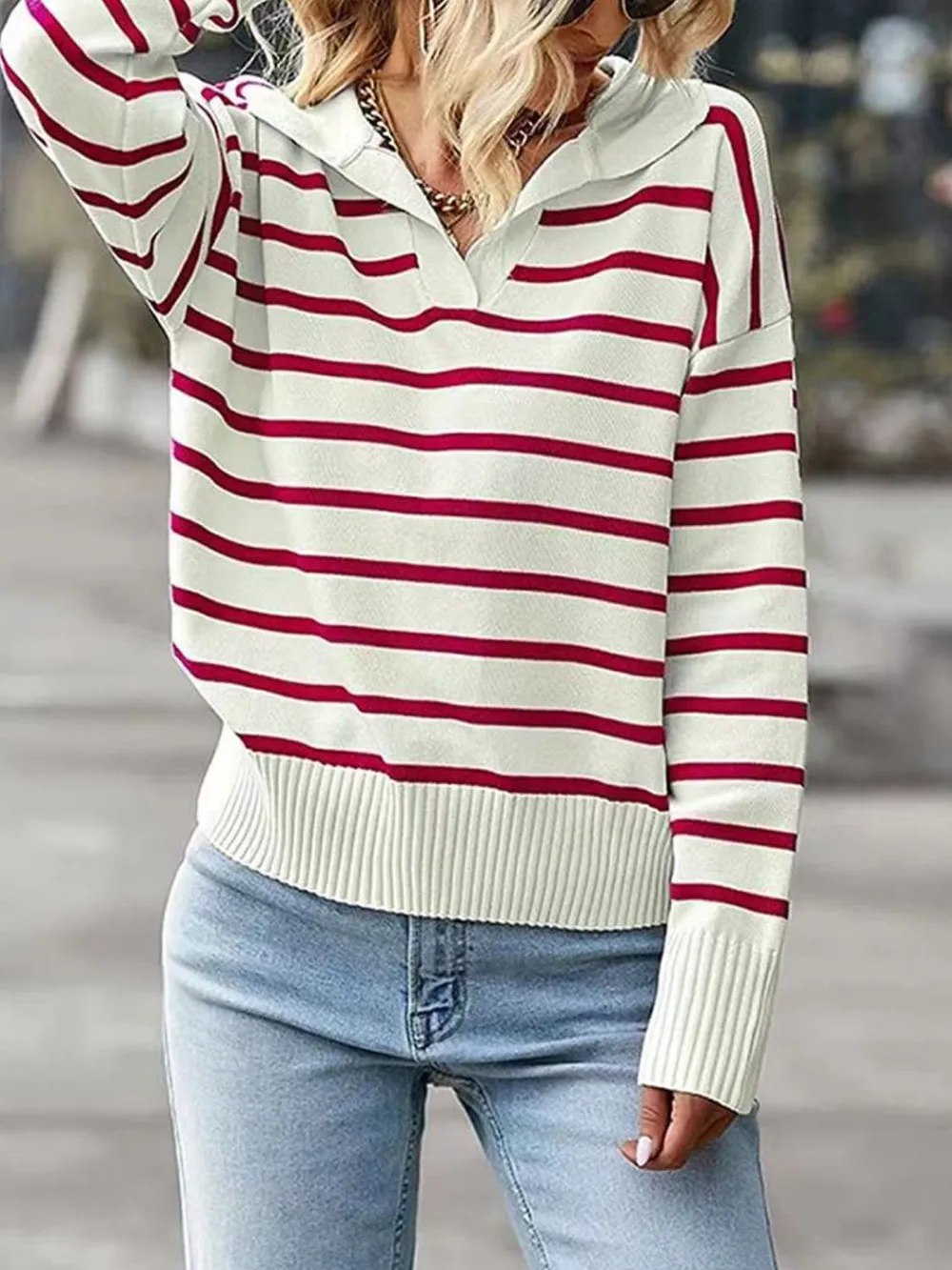 Striped Collared Neck Knit Top, image 3