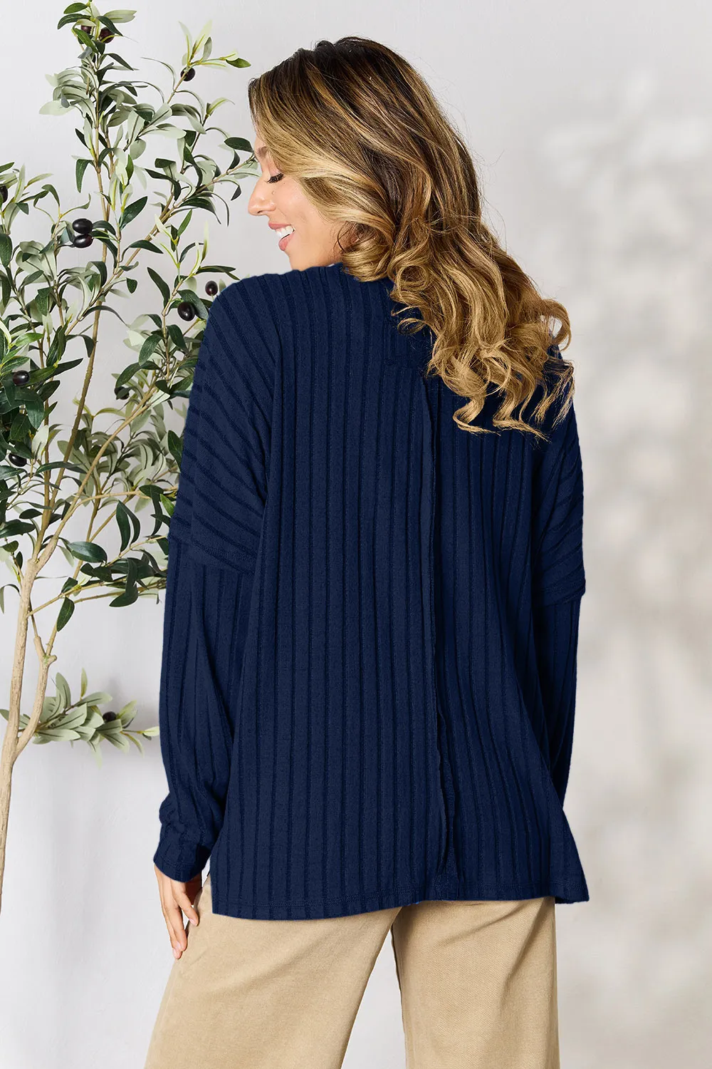 Full Size Ribbed Round Neck Slit Knit Top, image 10